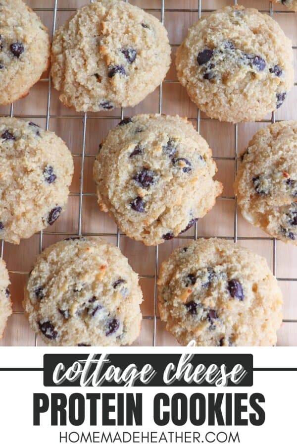 Chocolate chip cookies made with almond flour and cottage cheese on a wire rack.