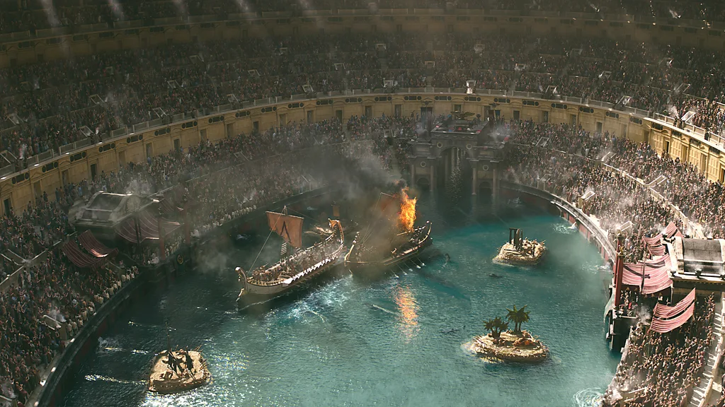 A naval battle taking place in the Colosseum in Gladiator II