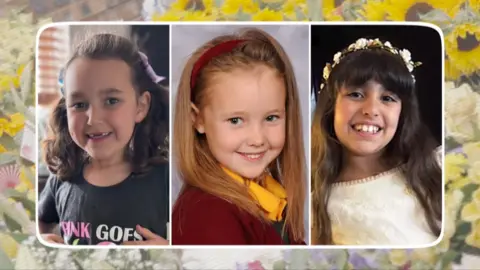 A grid with pictures of three young victims of the Southport attack, Bebe, Alice and Elsie, all smiling at the camera