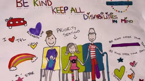 A colourful poster titled "Be Kind, Keep All Disabilities in Mind," featuring diverse individuals in priority seating with rainbows, hearts, and TfL references, promoting kindness and accessibility.