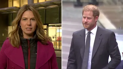 Reporter on left side of screen, Prince Harry on right side of picture