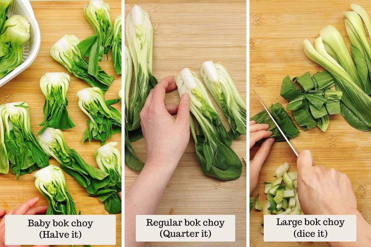 Person demos how to cut bok choy for soup use.