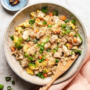 A recipe image shows turkey fried rice served in a white plate.