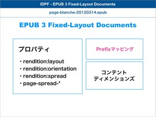 IDPF - EPUB 3 Fixed-Layout Documents

            page-blanche-20120314.epub


EPUB 3 Fixed-Layout Documents


プロパティ                             Preﬁxマッピング

・rendition:layout
・rendition:orientation
                                   コンテント
・rendition:spread
                                 ディメンションズ
・page-spread-*
 