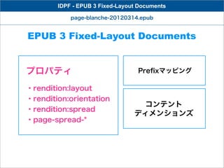 IDPF - EPUB 3 Fixed-Layout Documents

            page-blanche-20120314.epub


EPUB 3 Fixed-Layout Documents


プロパティ                             Preﬁxマッピング

・rendition:layout
・rendition:orientation
                                   コンテント
・rendition:spread
                                 ディメンションズ
・page-spread-*
 