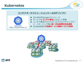 17Copyright©2018 NTT corp. All Rights Reserved.
Kubernetes
 2014年6月Googleよりリリース
 サービスをコンテナ集合とみなして管理
 コンテナ集合のクラスタへのデプロイやアップデー
ト、スケーリング等の統一的な管理手段を提供
 Google自身の大規模サービス運用ノウハウ反映
コンテナオーケストレーションツールのデファクト
https://kubernetes.io/
 