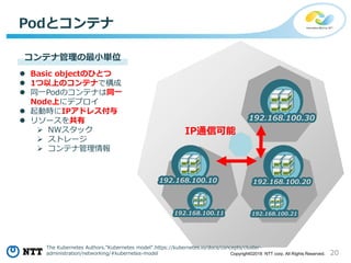 20Copyright©2018 NTT corp. All Rights Reserved.
Podとコンテナ
 Basic objectのひとつ
 1つ以上のコンテナで構成
 同一Podのコンテナは同一
Node上にデプロイ
 起動時にIPアドレス付与
 リソースを共有
 NWスタック
 ストレージ
 コンテナ管理情報
192.168.100.10
192.168.100.11
192.168.100.20
192.168.100.21
IP通信可能
192.168.100.30
コンテナ管理の最小単位
The Kubernetes Authors.”Kubernetes model”.https://kubernetes.io/docs/concepts/cluster-
administration/networking/#kubernetes-model
 