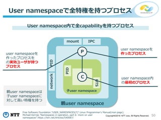 50Copyright©2018 NTT corp. All Rights Reserved.
C
P
mount IPC
PIDnetwork
PID
UTS
親user namespace
子user namespace
User namespaceで全特権を持つプロセス
User namespace内で全capabilityを持つプロセス
Free Software Foundation."USER_NAMESPACES(7)".Linux Programmer's Manual(man page);
Michael Kerrisk.”Namespaces in operation, part 6: more on user
namespaces”.https://lwn.net/Articles/540087/
user namespace内
の最初のプロセス
user namespaceを
作ったプロセスuser namespaceを
作ったプロセスを
の実効ユーザが持つ
プロセス
親user namespaceは
子user namespaceに
対して高い特権を持つ
 