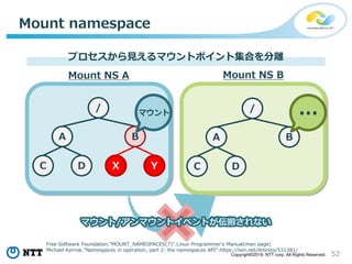 52Copyright©2018 NTT corp. All Rights Reserved.
Mount namespace
プロセスから見えるマウントポイント集合を分離
Mount NS A Mount NS B
/
A
C D X Y
B
マウント /
A B
C D
…
マウント/アンマウントイベントが伝搬されない
Free Software Foundation."MOUNT_NAMESPACES(7)".Linux Programmer's Manual(man page)
Michael Kerrisk."Namespaces in operation, part 2: the namespaces API".https://lwn.net/Articles/531381/
 