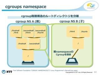 64Copyright©2018 NTT corp. All Rights Reserved.
cgroups namespace
cgroup階層構造のルートディレクトリを分離
/firsthalf
/first
/fourth
/secondhalf
/fourth
/secondhalf
/third
/firsthalf /secondhalf
/
/
/third
親namespaceの
Cgroupを隠蔽
cgroup NS A (親) cgroup NS B (子)
Free Software Foundation."CGROUP_NAMESPACES(7)".Linux Programmer's Manual(man page)
 