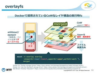 66Copyright©2018 NTT corp. All Rights Reserved.
overlayfs
Dockerで採用されているCoWなレイヤ構造の実行時fs
mount –t overlay overlay
-olowerdir=lower:lowest,upperdir=upper,workdir=work ＼
merged
lowest
lower
upper
merged
whiteout/
opaque
「削除済」ファ
イルを表すダ
ミーファイル
ファイル
検索方向
CoW
upperにコピー
Upperは
保存・再利用可
Docker Inc."Docker storage drivers".https://docs.docker.com/storage/storagedriver/select-storage-driver/;
Docker Inc."Use the OverlayFS storage driver".https://docs.docker.com/storage/storagedriver/overlayfs-driver/;
Neil Brown."Overlay Filesystem".https://www.kernel.org/doc/Documentation/filesystems/overlayfs.txt
 