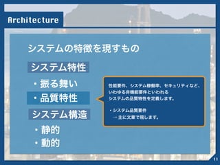 システム構造
システム特性
Architecture
システムの特徴を現すもの
・動的
・静的
・振る舞い
・品質特性
!
性能要件、システム稼働率、セキュリティなど、
いわゆる非機能要件といわれる
システムの品質特性を定義します。
!
・システム品質要件
 → 主に文章で現します。
11
 