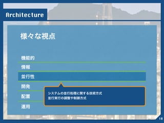 Architecture
様々な視点
機能的
情報
並行性
開発
配置
運用
!
システムの並行処理に関する技術方式
並行実行の調整や制御方式
18
 