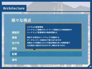 Architecture
様々な視点
機能的
情報
並行性
開発
配置
運用
!
システムの配置環境
ハードウェア環境やネットワーク環境などの物理制約や
ハードウェア配置場所の格納問題など
!
検討する項目はハードウェアの重量から
データセンターの制約まで様々ありますが
見積もりの問題などから不確定要素の多い初期段階で
方式検討と確定が行われやすい傾向があります。
20
 