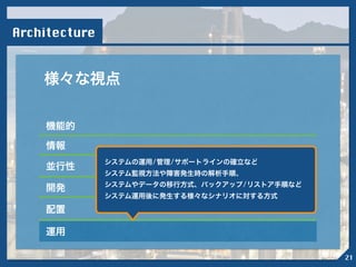 Architecture
様々な視点
機能的
情報
並行性
開発
配置
運用
!
システムの運用/管理/サポートラインの確立など
システム監視方法や障害発生時の解析手順、
システムやデータの移行方式、バックアップ/リストア手順など
システム運用後に発生する様々なシナリオに対する方式
21
 