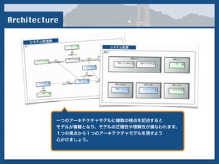 !
一つのアーキテクチャモデルに複数の視点を記述すると
モデルが複雑となり、モデルの正確性や理解性が損なわれます。
１つの視点から１つのアーキテクチャモデルを現すよう
心がけましょう。
Architecture
 