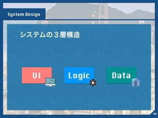 System Design
システムの３層構造
UI Logic Data
46
 