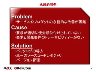 29
永続的開発
Problem
・サービスやプロダクトの永続的な改善が困難
Cause
・要求が適切に優先順位付けされていない
・要求と開発要件のトレーサビリティーがない
Solution
・バックログの導入
・単一のソースコードレポジトリ
・バージョン管理
 