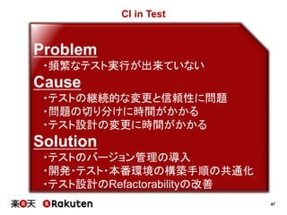 47
CI in Test
Problem
・頻繁なテスト実行が出来ていない
Cause
・テストの継続的な変更と信頼性に問題
・問題の切り分けに時間がかかる
・テスト設計の変更に時間がかかる
Solution
・テストのバージョン管理の導入
・開発・テスト・本番環境の構築手順の共通化
・テスト設計のRefactorabilityの改善
 