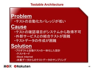 63
Testable Architecture
Problem
・テストの自動化カバレッジが低い
Cause
・テストの確認項目がシステムから取得不可
・外部サービスとの結合テストが困難
・テストデータの作成が困難
Solution
・プロダクトと自動テストの一体化した設計
-テストモード
-Mock Internet
-本番データからのテストデータのサンプリング
 