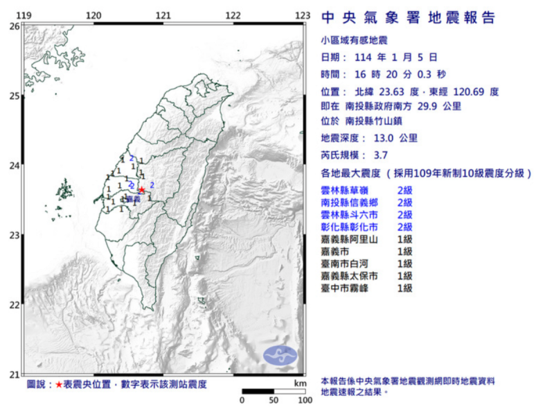 今（5）日下午16點20分，南投縣竹山鎮發生一起有感地震，地震規模3.7。   圖：翻攝自中央氣象署