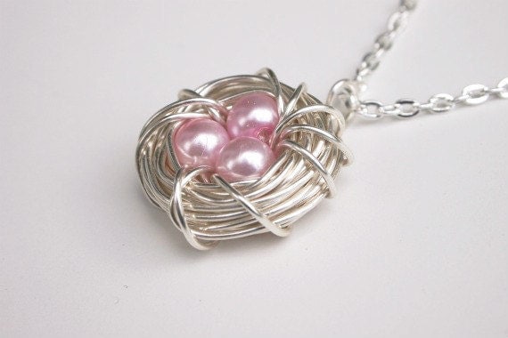 Birdnest Necklace - Wire Nest - Birds Nest Jewelry - Pink Pearl Necklace