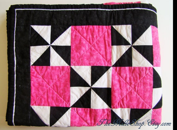 Quilt, Throw, Black, White, Pink, Pinwheel, READY-TO-SHIP