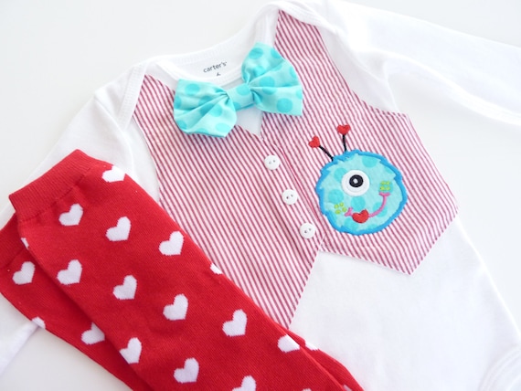 Valentine's Day Monster Tuxedo Bodysuit with Removable Bow Tie and Leg Warmers