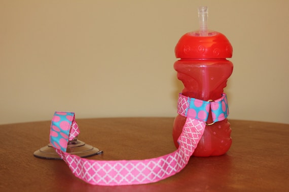 Bottle Tether, Toy Tether, Sippy Strap with Suction Cup- Aqua & Pink Glitter Dots/Pink Quatrefoil