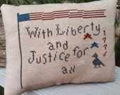 Primitive Decorative Pillow Patriotic Americana Flag, Star & Crow Cross Stitch Pillow Cupboard Tuck