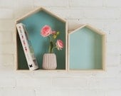 Turquoise Duo House Shaped Shelves, Two Wooden House Shelves, A Large Size and a Small Size House Shelves, Kids Shelves