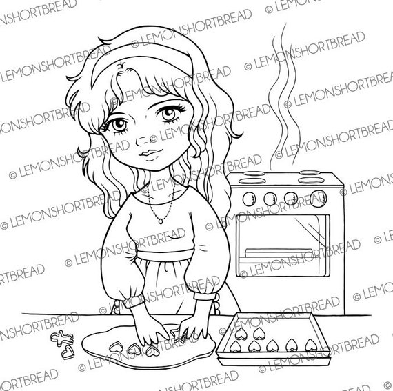 Baking Cookies Girl Digital Stamp, Digi stamp PNG, Cute Anime, Desserts Pastry Bakery, Hearts Valentines, Mother's Day, Instant Download