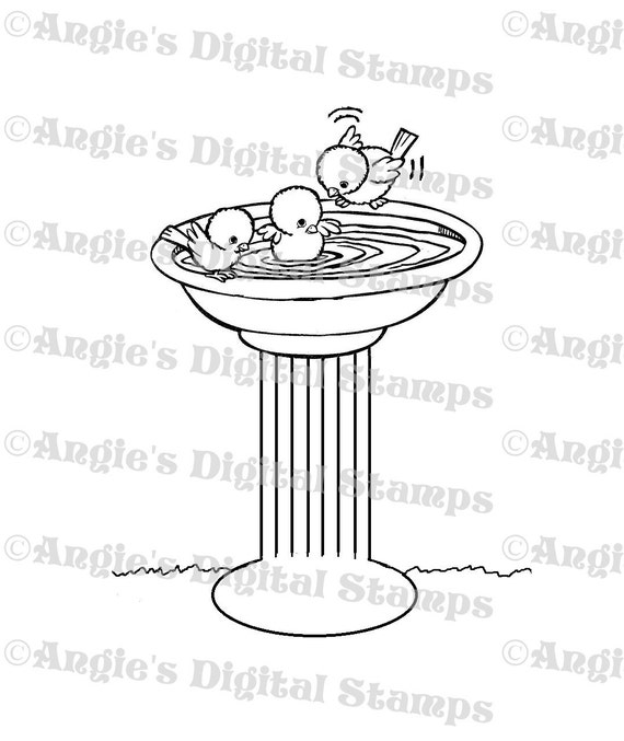 Birds in Birdbath Digital Stamp Image