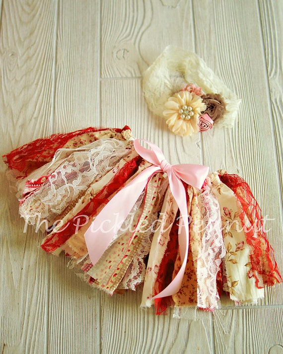 Vintage Shabby Chic fabric tutu and boutique headband, birthday outfit, rag tie tutu, pink tutu, baby tutu, newborn tutu, toddler tutu