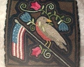 Primitive PATTERN Needle Punch Mat Americana Robin Flag And Flowers