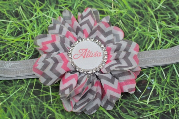 Personalized Baby Gifts, Baby Headband, Pink Baby Headband, Baby Shower Gift, Gray Baby Headband, Silver Baby Bow, Chevron Bow