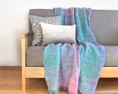 Vintage pastel throw blanket in mint, aqua, purple and pink / Plaid wool and mohair blanket for couch, bed / Retro modern home decor