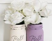 Painted Distressed Mason Jars - Purple and Cream - Wedding Centerpiece - Home Decor - Rustic Wedding - Flower Vase - Office Organizer