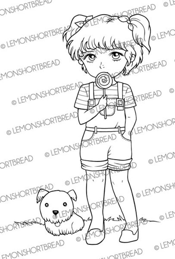 Digital Stamp Lollipop Girl with Dog, Digistamp PNG, Summer Children KIds, Pets, Cute Whimsical, Digital Cardmaking Supplies, Coloring Page