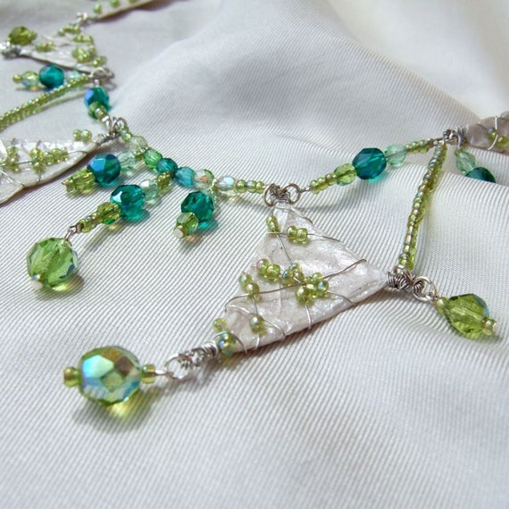 Vintage russian inspired green glass necklace