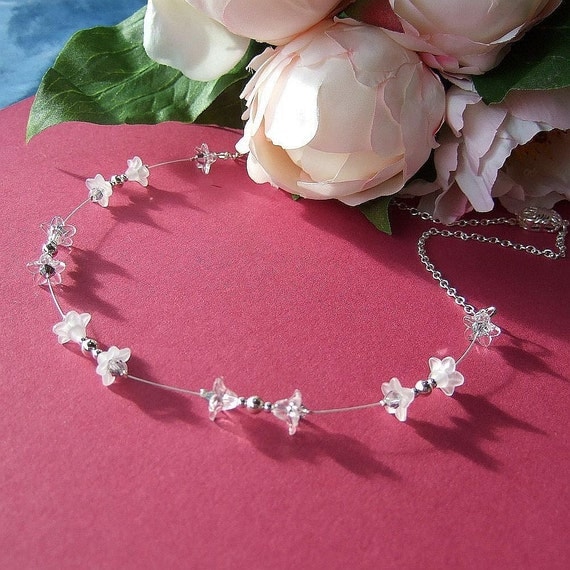 Wedding necklace, tiny white Lucite flowers, silver balls and chain