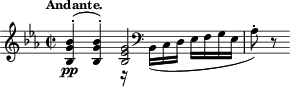 \relative c' { \time 2/2 \key ees \major \clef treble \tempo "Andante." << {<bes g' bes>4-.\pp( <bes g' bes>-.) <bes ees g>2 s8} \\ {s2 r16 \clef bass bes,([ c d] ees[ f g ees] aes8^.)} >> r8 }