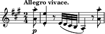 \relative c'' { \time 2/4 \key a \major \clef treble \tempo "Allegro vivace." \partial 8 <a a'>8-.\p <e e'>4-. r8 e32( d cis b a4-.) r8 <a' a'>-. }