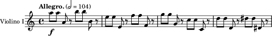 \relative c'''
{\version "2.18.0"
\set Staff.instrumentName = #"Violino I"
\key a \minor
\clef treble
\time 4/4
\tempo "Allegro." 2=104
a8_\f[ a] a, r  b'[ b] b, r
e[ e] e, r f'[ f] f, r
g'[ g] g, r c[ c] c, r
d'[ d] d, r dis'[ dis] dis, r
}
