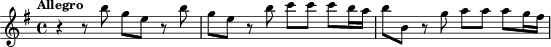 \transpose d e {\relative {\clef treble \key d \minor \time 4/4 \tempo "Allegro"
           r4 r8 a''8 f d r a' | f d r a' bes bes bes a16 g | a8 a, r f' g g g f16 e |}}