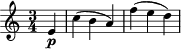 \relative c' { \time 3/4 \key a \minor \partial 4 e4\p | c'( b a) | f'( e d) }