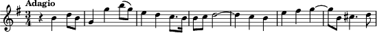 \transpose d e {\relative {\clef treble \key f \major \time 3/4 \tempo "Adagio"
           r4 a' c8 a | f4 f' a8( f) | d4 c bes8. a16 | a8 bes c2~ | c4 bes a | d e f~| f8 a, b4. c8}}