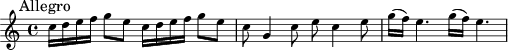 \relative c'' { \clef treble \key c \major \time 4/4 \mark "Allegro"   
c16 d e f g8 e c16 d e f g8 e c8 g4 c8 e c4 e8 g16(f) e4. g16(f) e4.}