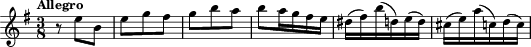 \transpose d e {\relative {\clef treble \key d \minor \time 3/8 \tempo "Allegro"
           r8 d'' a | d f e | f a g | a g16 f e d | cis( e) a( c,!) d( c) | b( d) g( bes,!) c( bes)}}