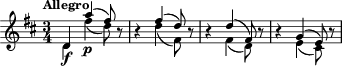 { \tempo "Allegro" \time 3/4 \key d\major << { d'4\f a''(\p fis''8) } \\ { d'4 fis''( d''8) } >> r | r4 << { fis''4( d''8) } \\ { d''4( fis'8) } >> r | r4 << { d''4( fis'8) } \\ { fis'4( d'8) } >> r | r4 << { g'4( e'8) } \\ { e'4( cis'8) } >> r | }